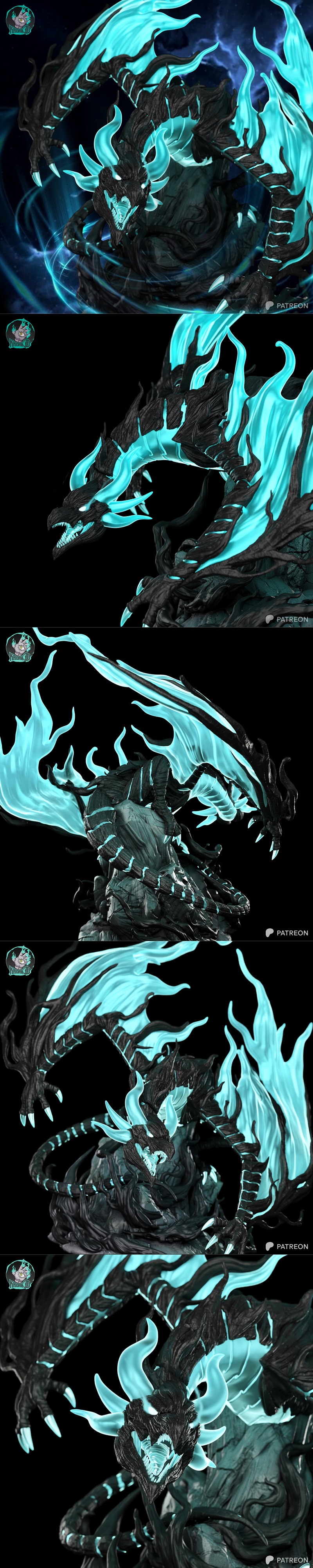 A large, dark dragon with glowing blue ethereal flames on its wings and body, perched on a rock. Dimensions 42cm H x...