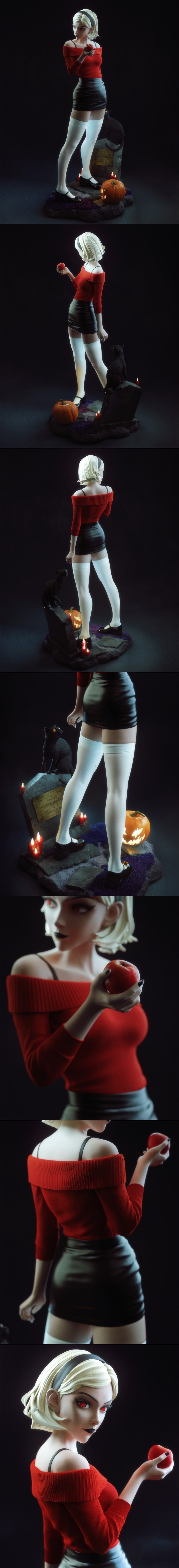 Sabrina Spellman 3D model with red off-shoulder top, black skirt, and white thigh-highs, holding an apple. Diorama ba...