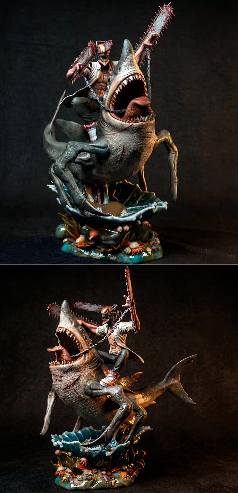 Denji riding Beam the shark fiend, both from Chainsaw Man. Denji has chainsaws on his head and arms, Beam has a gapin...