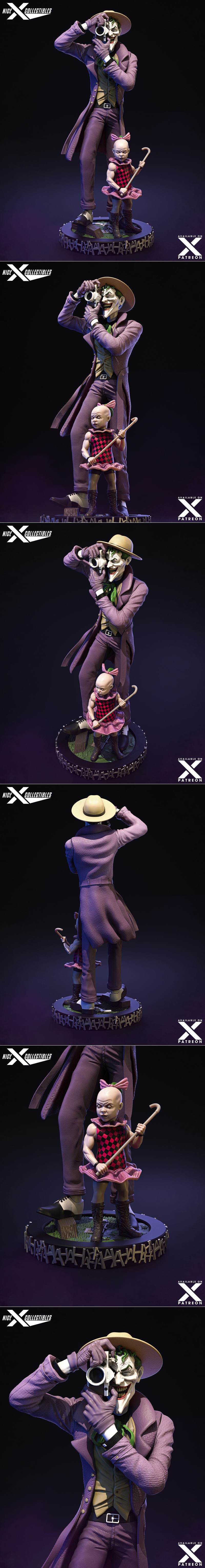Joker character 3D model, holding a camera, with a child figure on a base. Purple suit, fedora, 'HA HA HA' background...