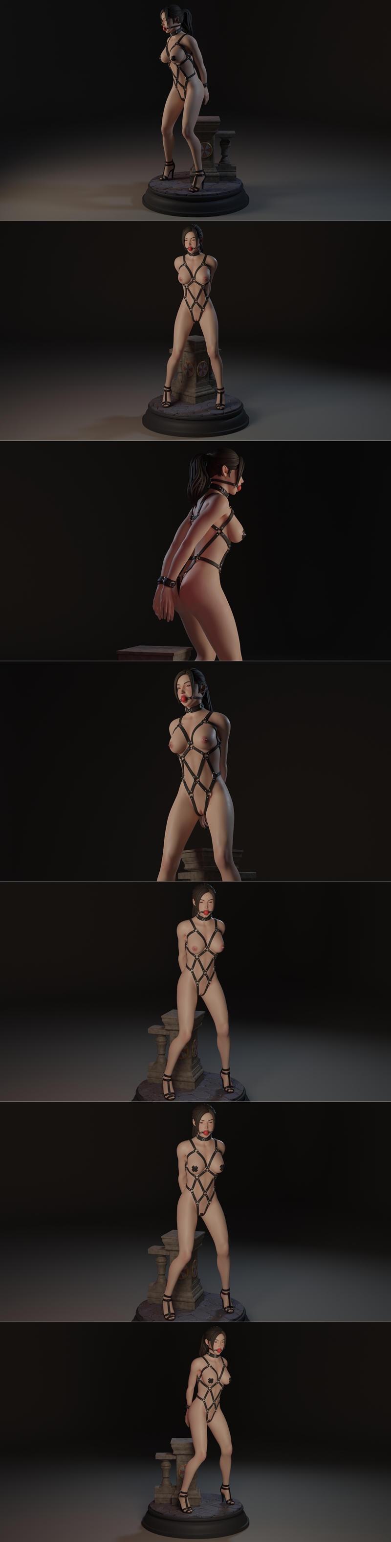 Claire Redfield 3D model in a black harness and ball gag, standing on a base with Umbrella Corporation symbols. High...