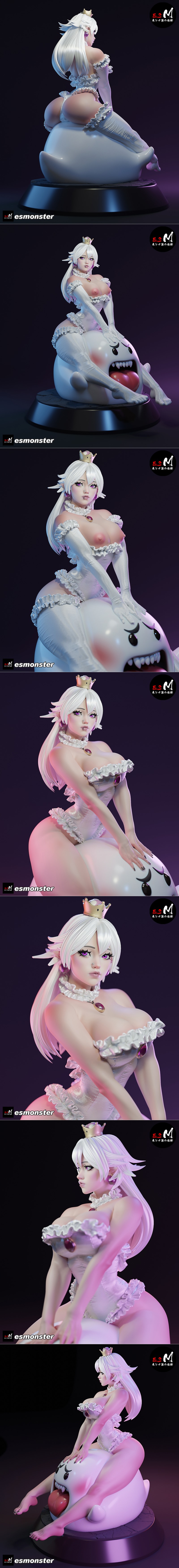Booette figure in white lingerie sitting on a Boo ghost, detailed 3D model by E.S Monster.