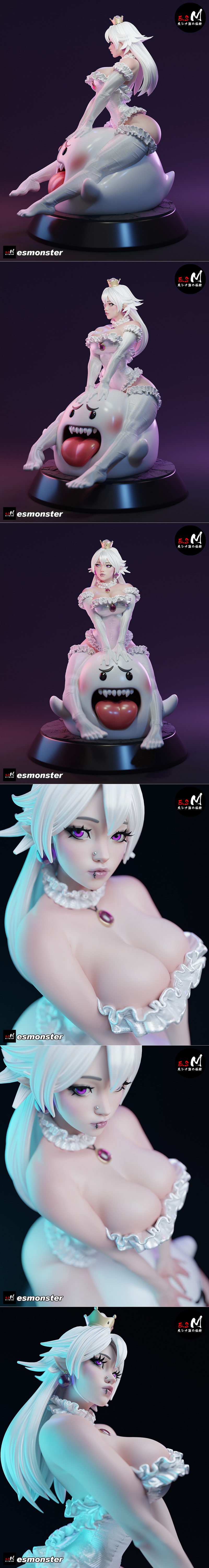Booette figure in white lingerie sitting on a Boo ghost, detailed 3D model by E.S Monster.