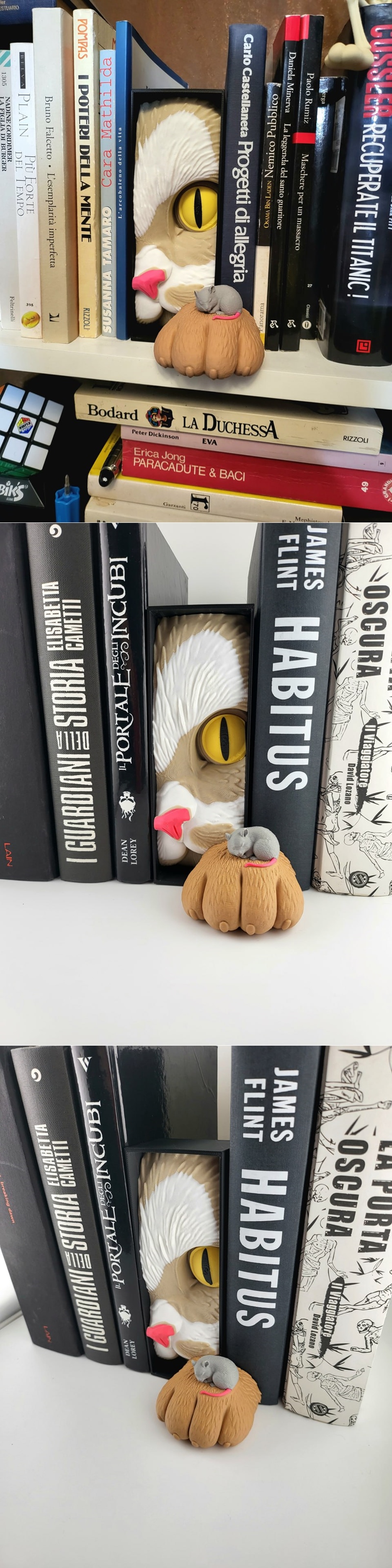 A 3D printed book nook insert featuring a large cat's eye and a small mouse sleeping on a paw, nestled between books...