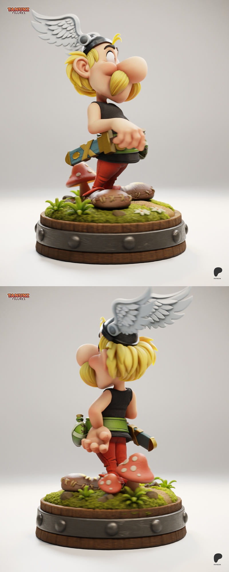 Asterix character figure by Tanuki Figures, wearing a winged helmet and black tunic, standing on a barrel base with g...