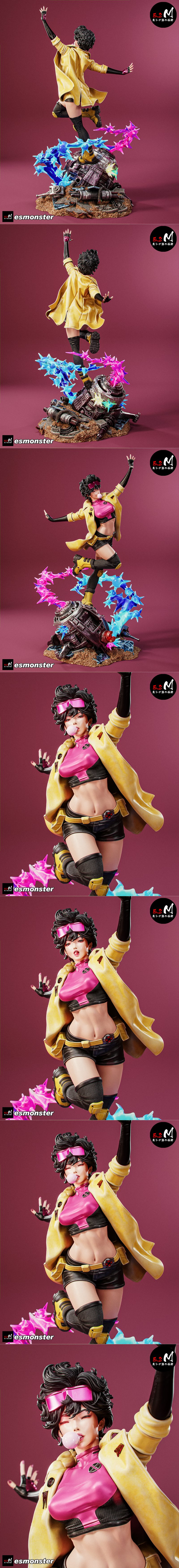 Jubilee character figure in yellow jacket and pink top, mid-jump with energy blasts, standing on rubble. E.S Monster...