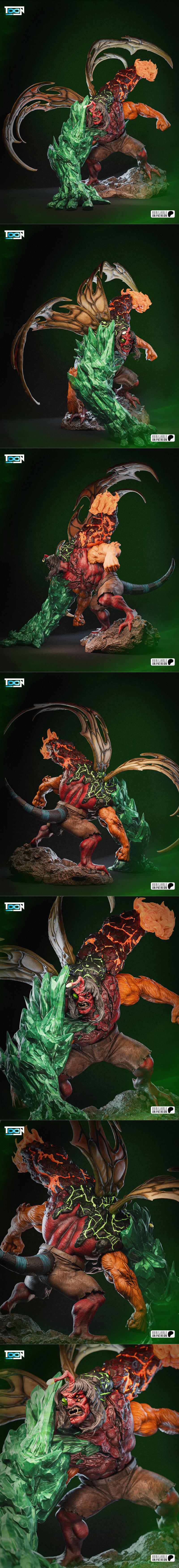 Kevin Levin figure with red horned head, insectoid wings, and a body made of fire, rock, and green crystals, posed ag...