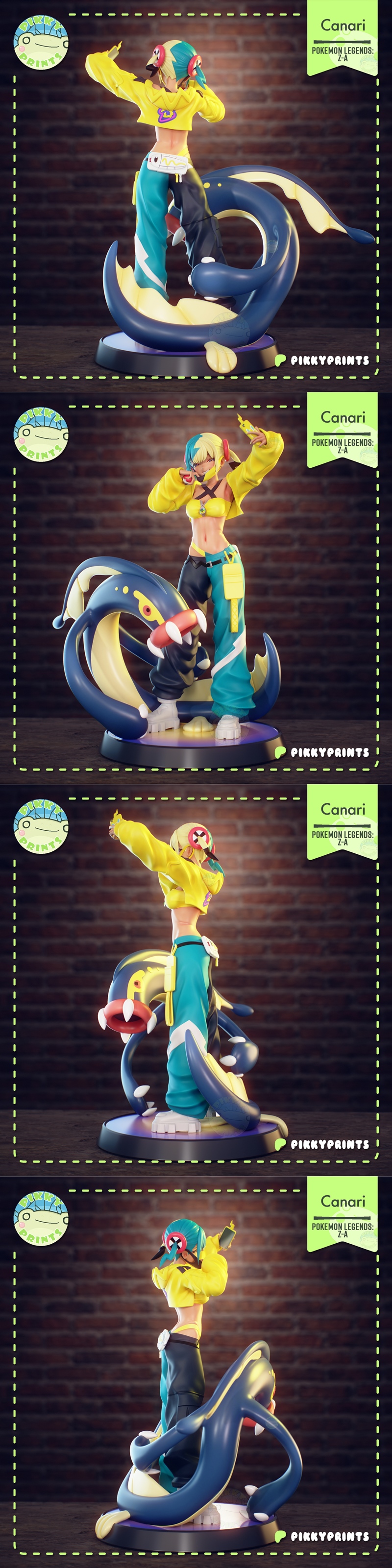 3D model of Canari from Pokemon Legends: Z-A, wearing a yellow crop top and jacket, holding a Pokeball. Anime-inspire...