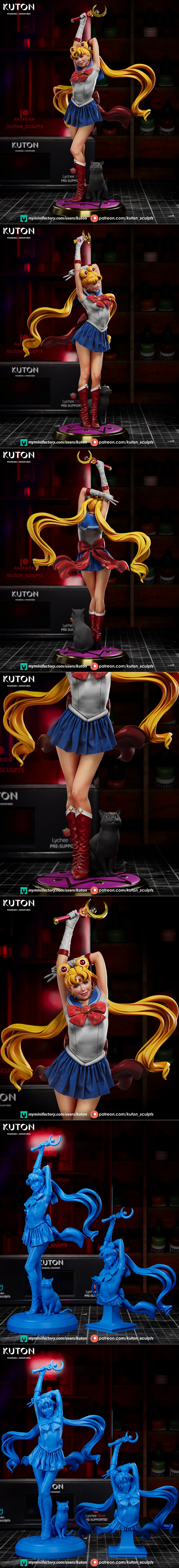 Sailor Moon 3D model figure by Kuton Figurines, holding a crescent moon wand, wearing a blue skirt and white sailor t...