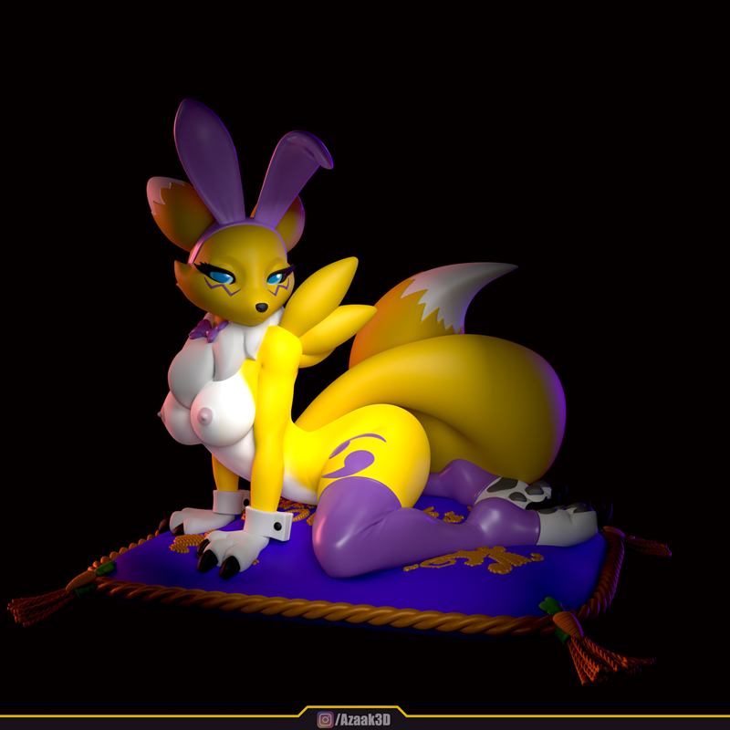 Renamon in a revealing purple and yellow bunny suit, wearing bunny ears, posed seductively on a decorative cushion. T...