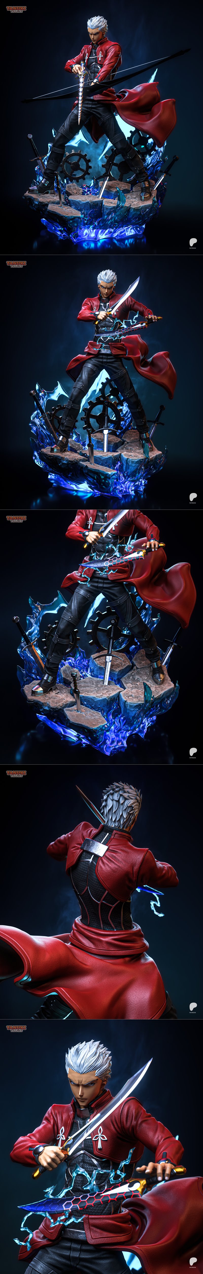 Archer from Fate/stay night figure by Tanuki Figures, wielding two swords with blue energy, wearing a red coat and bl...