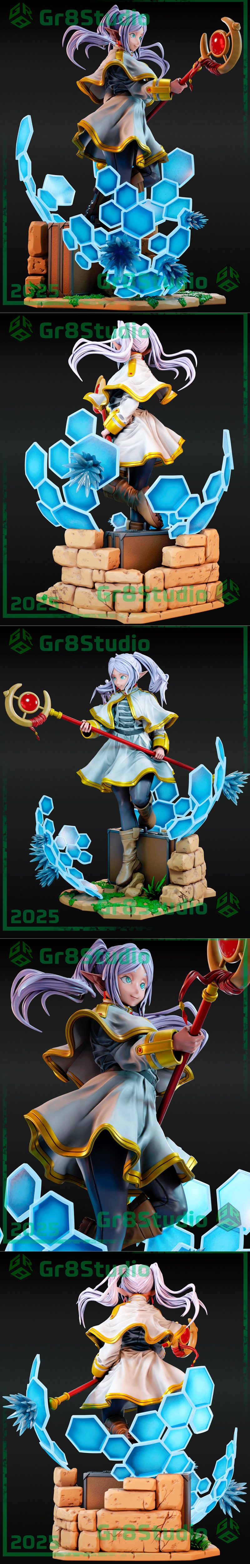 Frieren from Sousou no Frieren anime, depicted as a 3D printable figure. She wears a white cloak with gold trim and a...
