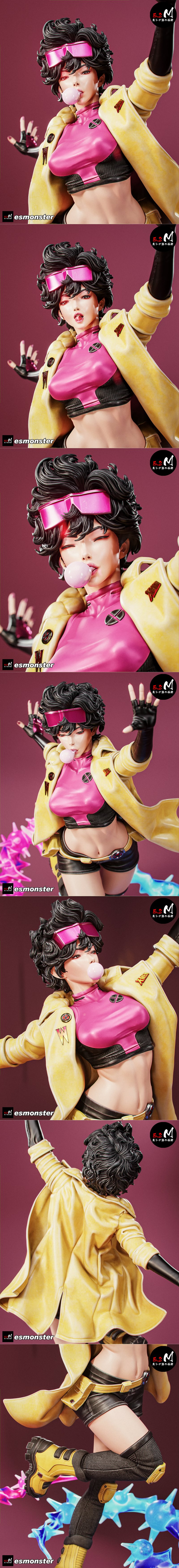 Jubilee character figure in yellow jacket and pink top, mid-jump with energy blasts, standing on rubble. E.S Monster...