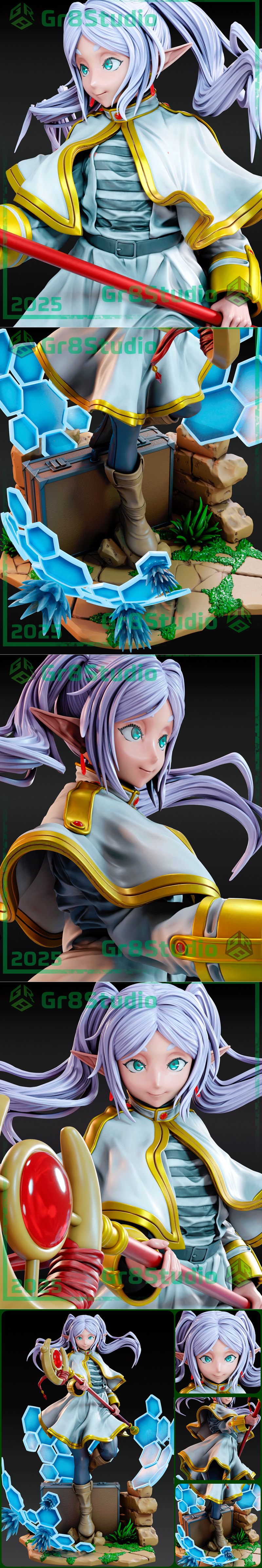 Frieren from Sousou no Frieren anime, depicted as a 3D printable figure. She wears a white cloak with gold trim and a...