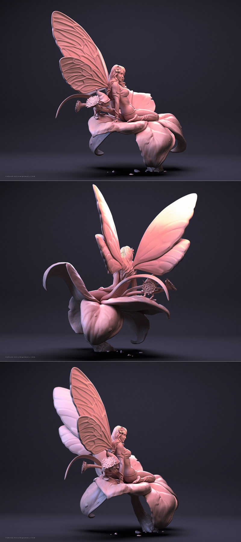 3D model of a fairy with large wings sitting on a flower, with a small gnome beside her.