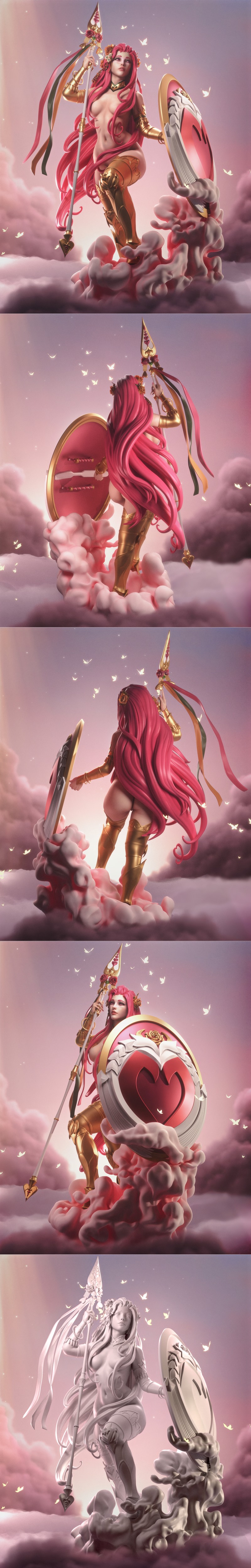 3D model of Aphrodite, nude with pink hair, wearing gold armor on legs and arms, holding a staff and shield.