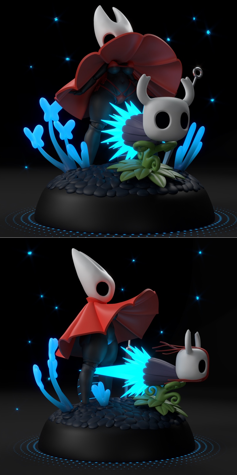 Hollow Knight diorama featuring Hornet in a revealing outfit and the Knight, with a needle weapon and glowing blue en...