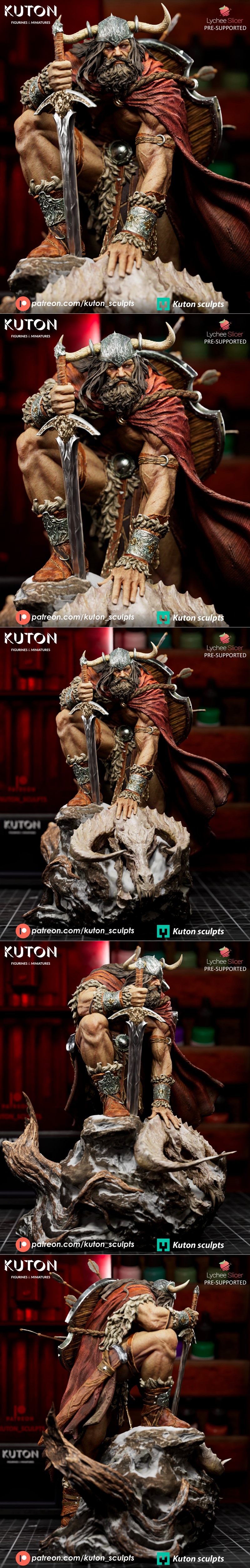 Viking warrior Draven crouching with sword, wearing horned helmet, fur cloak, and ornate armor. Detailed sculpt by Ku...