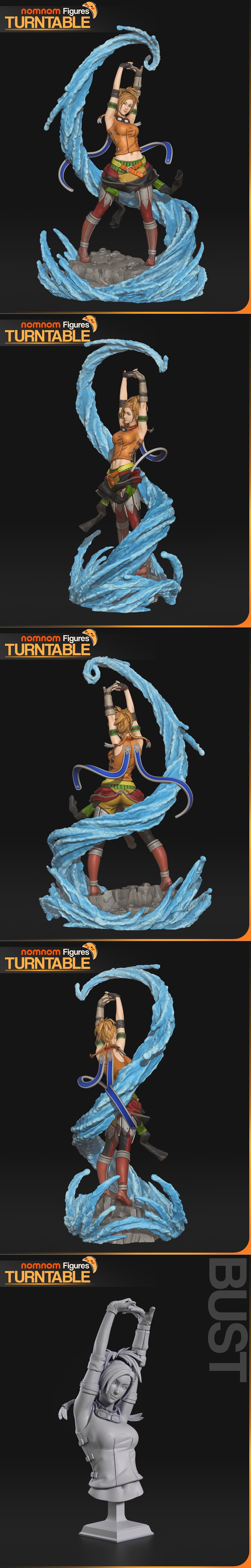 Rikku from Final Fantasy striking a heroic pose with arms raised, surrounded by blue water effects. She wears an oran...