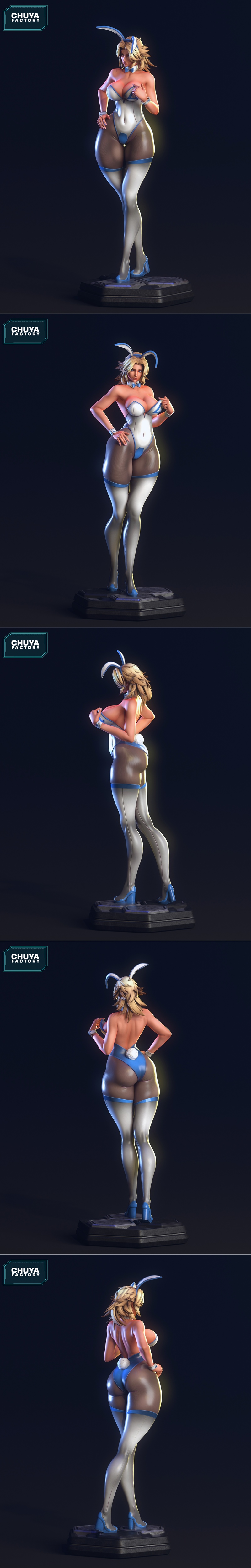 3D model figure of Invisible Woman in a white and blue bunny suit, blonde hair, blue eyes, bunny ears, blue bow tie,...