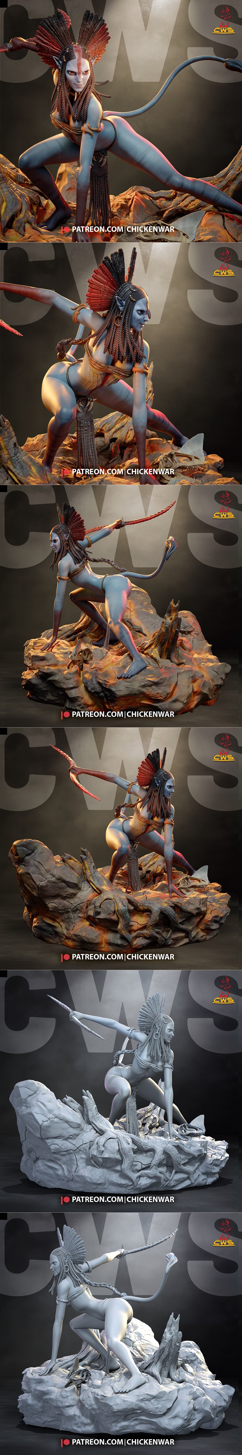 Varang, an alien warrior from Avatar, in a low crouch on a rocky terrain, holding a curved blade. She has blue skin,...