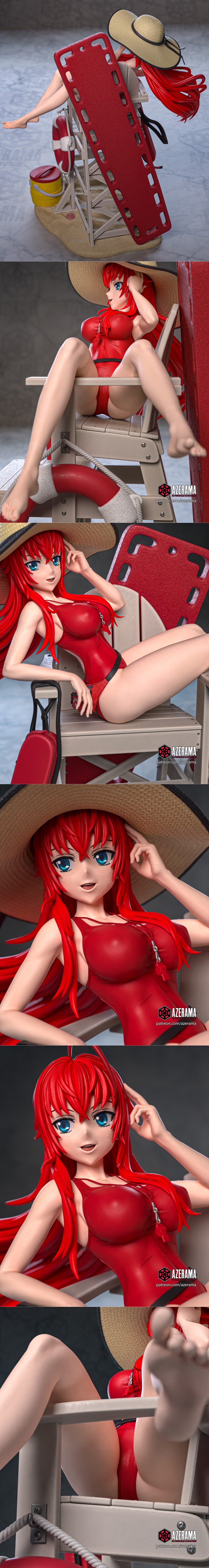 Rias Gremory in red swimsuit and straw hat sits on a lifeguard chair on a beach, with a lifebuoy and rescue tube. Aze...