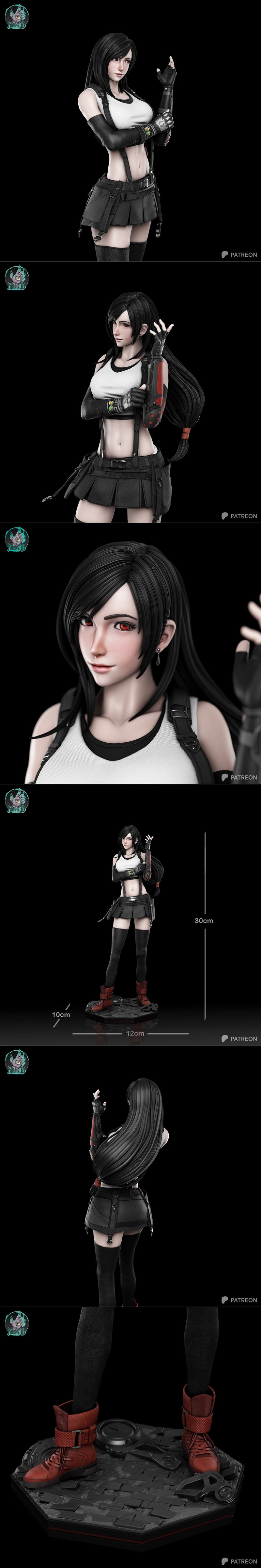 Tifa Lockhart 3D model figure by Kaidan, wearing white tank top and black skirt, with mechanical arm and red eyes, po...