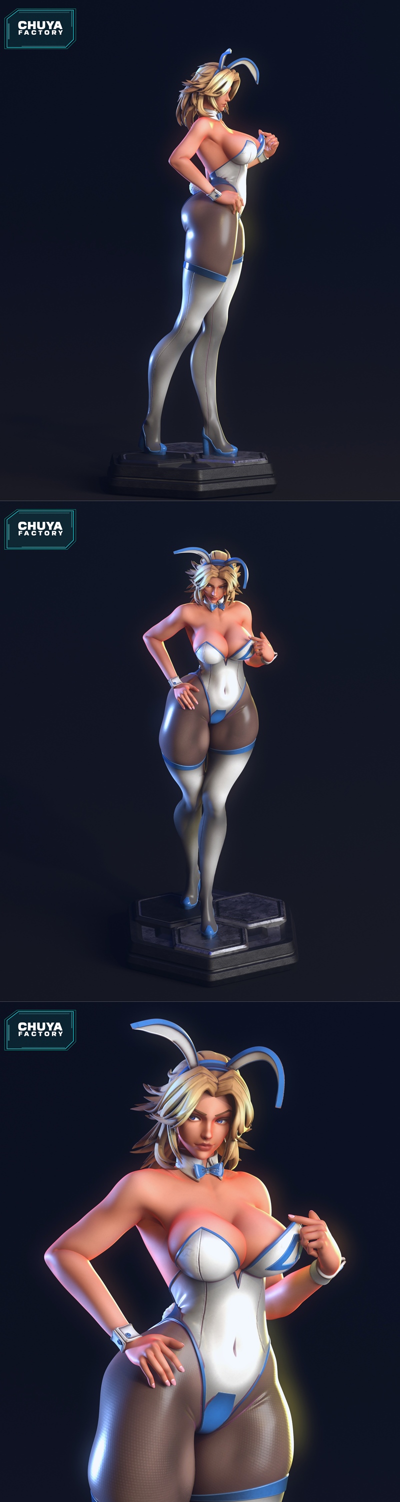 3D model figure of Invisible Woman in a white and blue bunny suit, blonde hair, blue eyes, bunny ears, blue bow tie,...