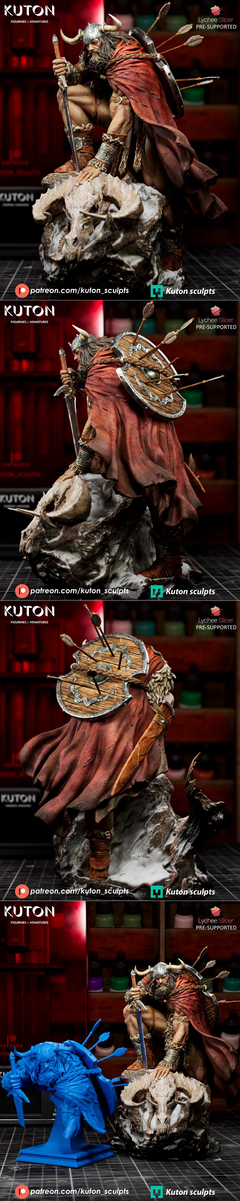 Viking warrior Draven crouching with sword, wearing horned helmet, fur cloak, and ornate armor. Detailed sculpt by Ku...