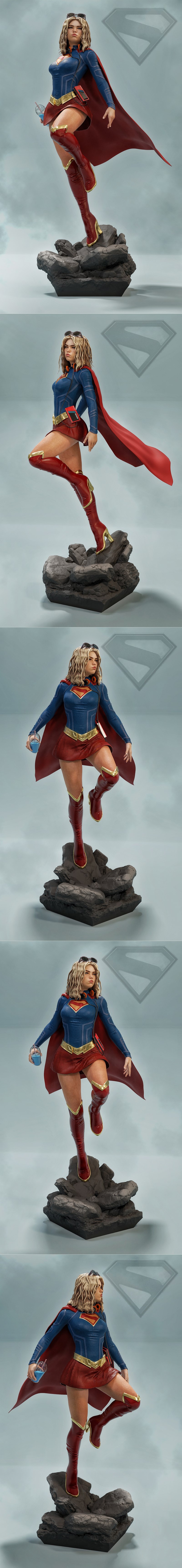 Supergirl figure in a dynamic pose, wearing a blue suit, red cape, red skirt, and red boots with gold accents. She ha...