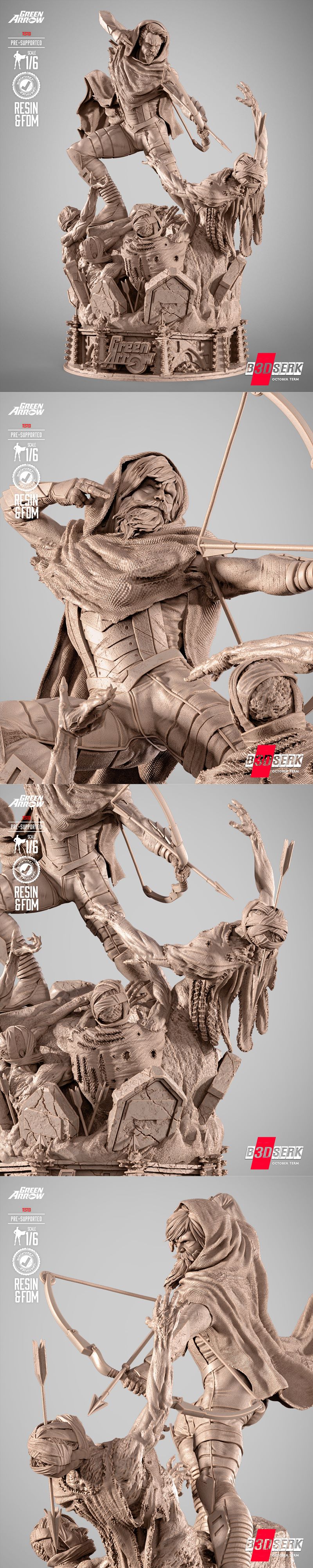 Green Arrow 3D model sculpture in a heroic pose, drawing a bow and arrow to fight a vampire-like creature on a detail...