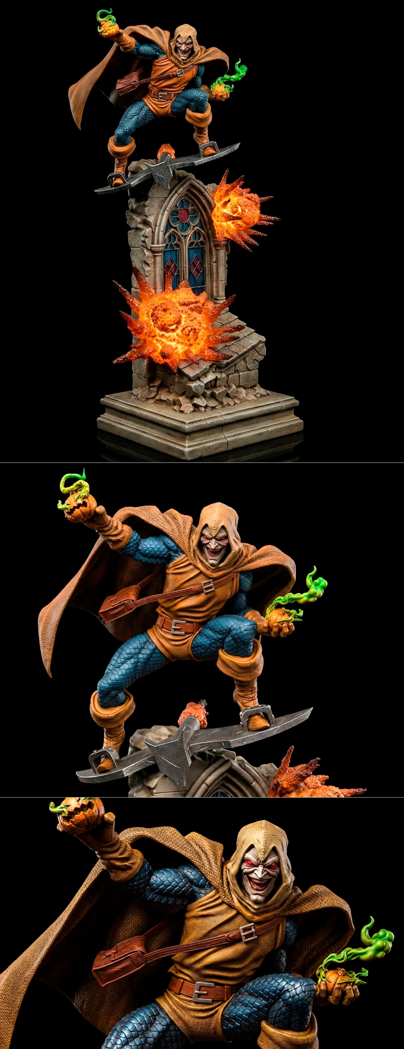 3D model figure of Hobgoblin from Spider-Man comics, riding a glider over a gothic ruin, holding glowing pumpkin bomb...