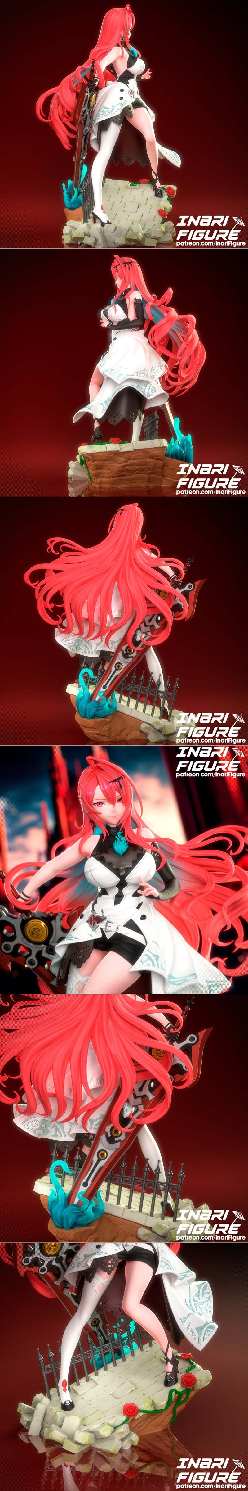 Elizabeth figure with long red hair, wearing a white and black outfit and holding a large weapon, posed on a rocky ba...