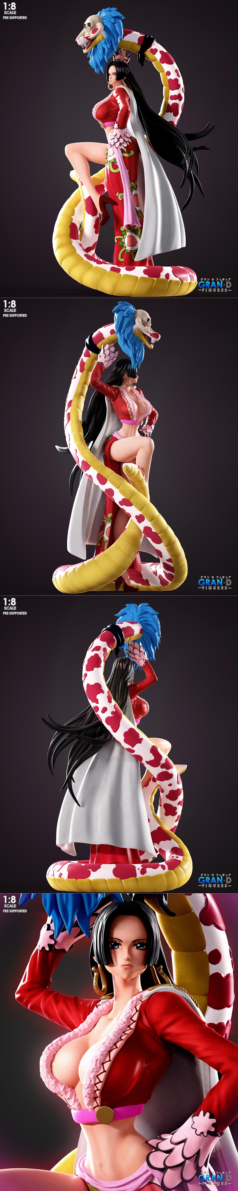 Boa Hancock 3D model figure with a large snake, wearing a red jacket and revealing skirt, in a seductive pose.