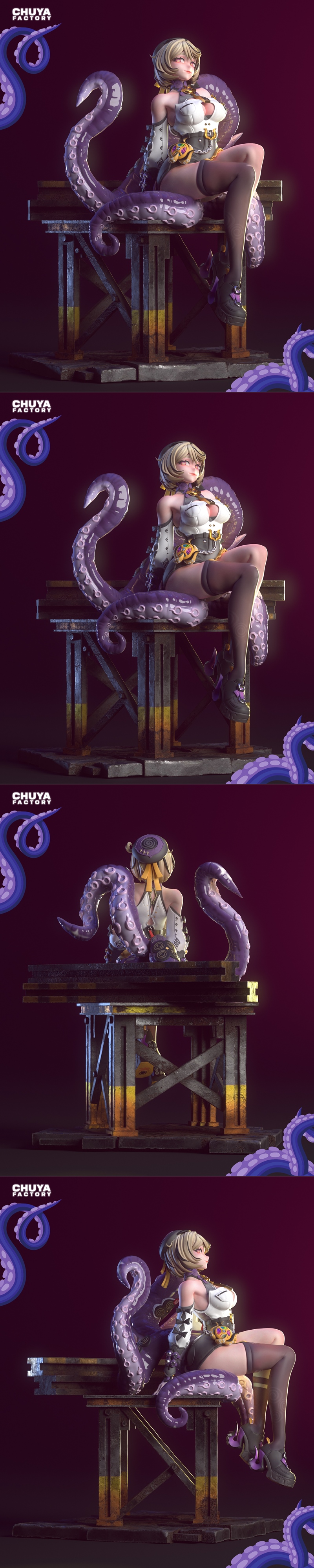 3D model of Yidhari figure by Chuya Factory, seated with large purple tentacles, wearing a white bustier and corset.