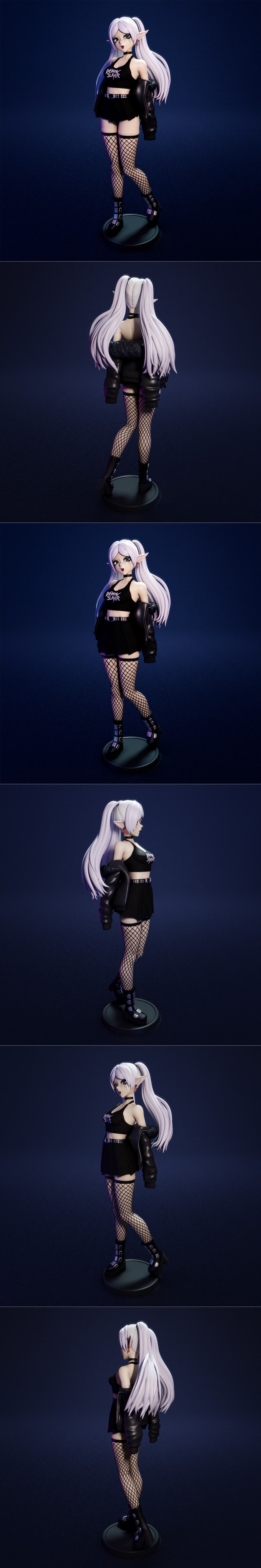 Goth Frieren anime-style figure with white twin-tail hair, black crop top, short skirt, fishnet stockings, and leathe...