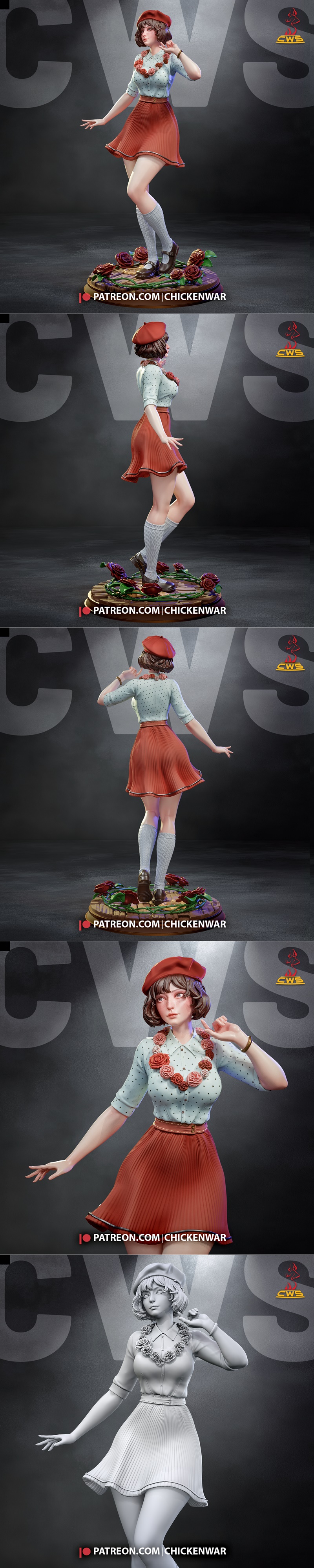 3D model of Sophie, an original character by CW Studio, wearing a beret, polka-dot blouse, and pleated skirt, with a...