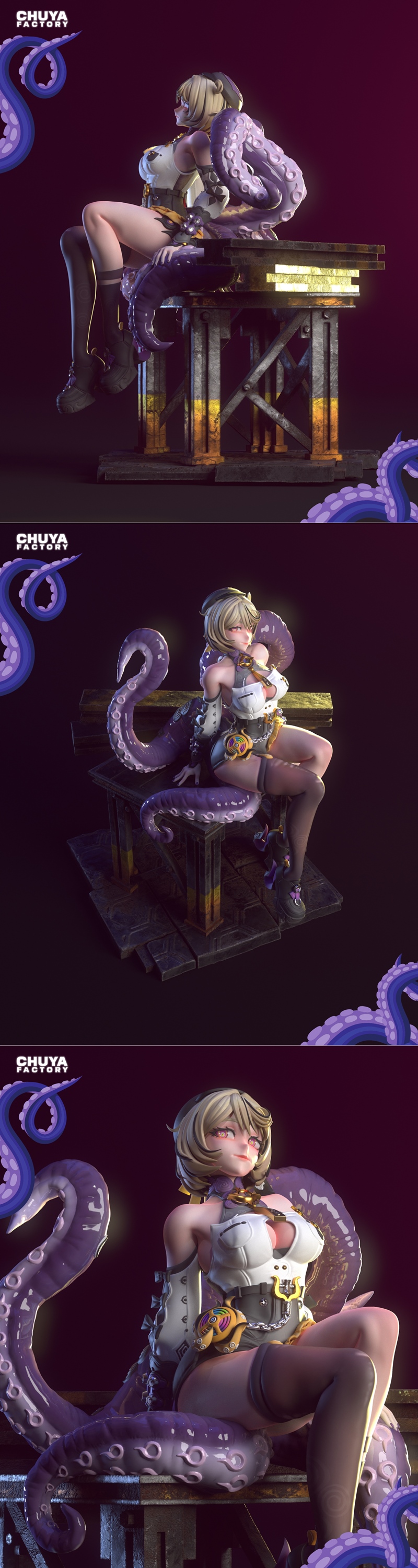 3D model of Yidhari figure by Chuya Factory, seated with large purple tentacles, wearing a white bustier and corset.