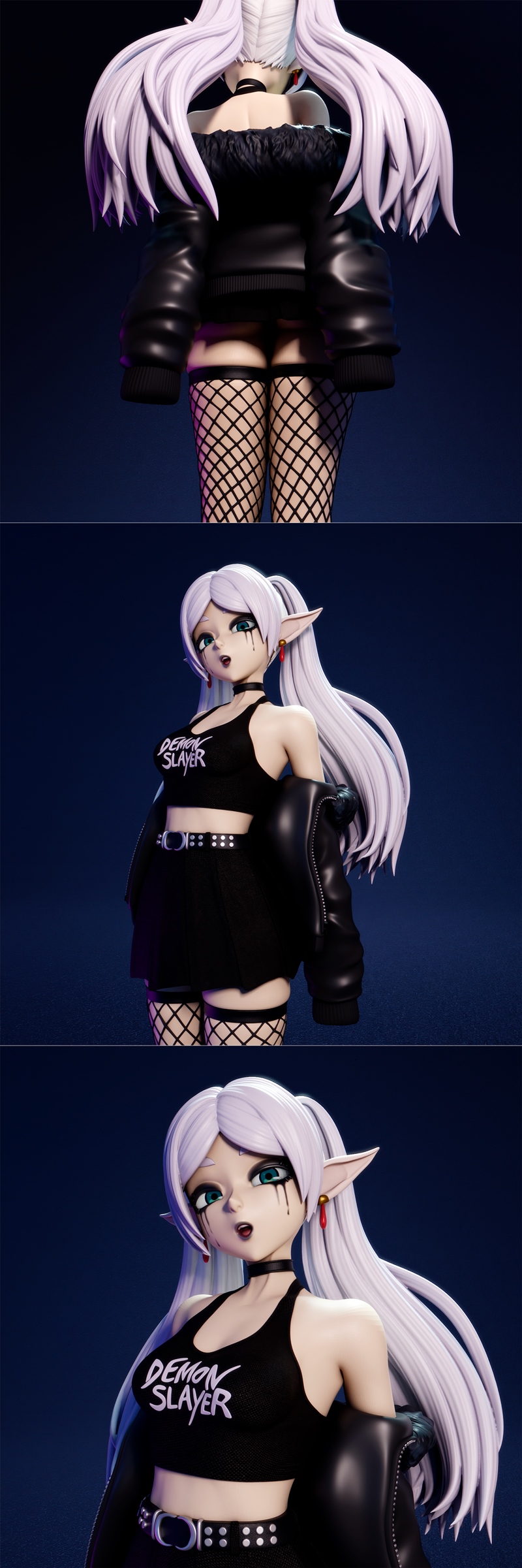 Goth Frieren anime-style figure with white twin-tail hair, black crop top, short skirt, fishnet stockings, and leathe...