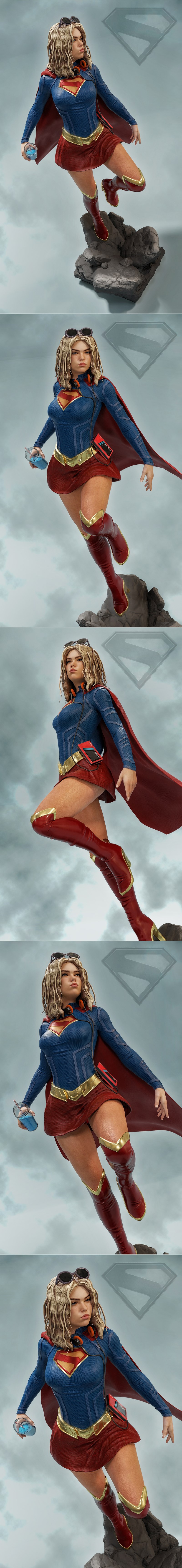 Supergirl figure in a dynamic pose, wearing a blue suit, red cape, red skirt, and red boots with gold accents. She ha...