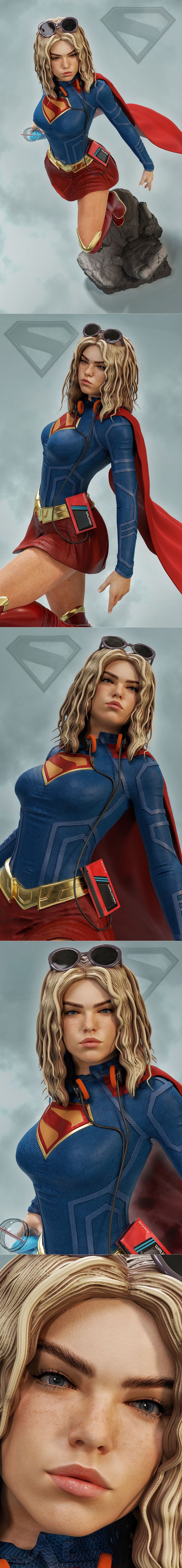 Supergirl figure in a dynamic pose, wearing a blue suit, red cape, red skirt, and red boots with gold accents. She ha...