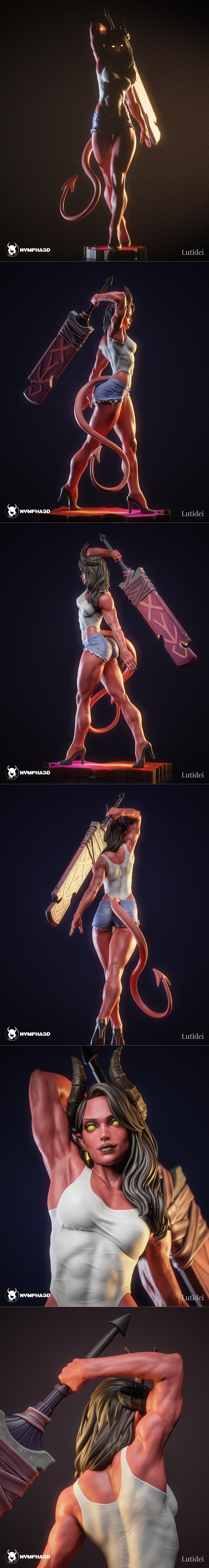 Muscular female demon with red skin, horns, and tail, wearing a white leotard and denim shorts, holding a large sword...