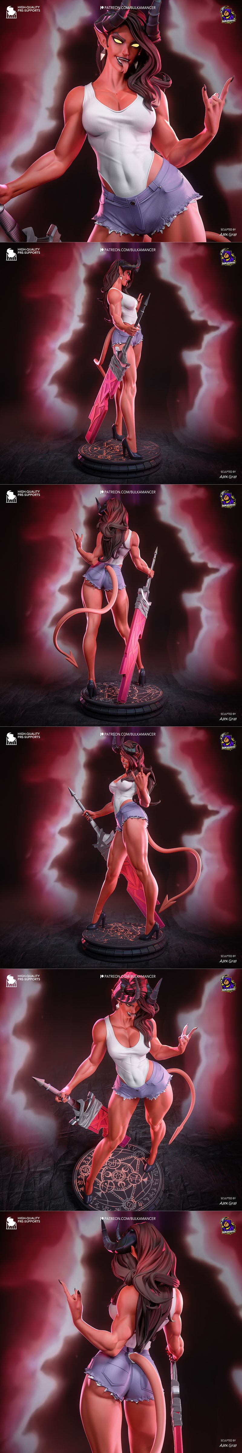 Muscular female demon Malevola with horns and tail, holding a large sword, wearing a tank top and shorts, standing on...