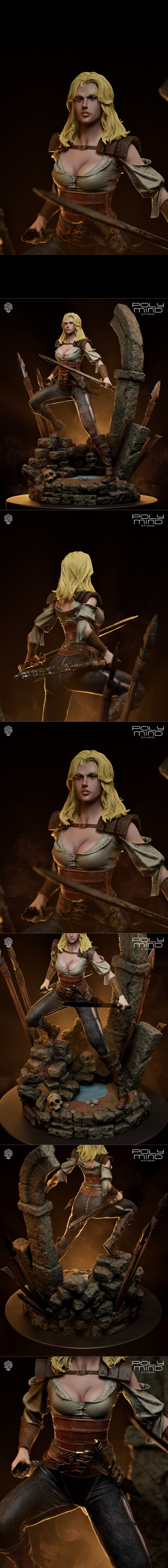 Valeria, a blonde female warrior, in a dynamic combat pose holding a sword. She wears a revealing top, leather corset...