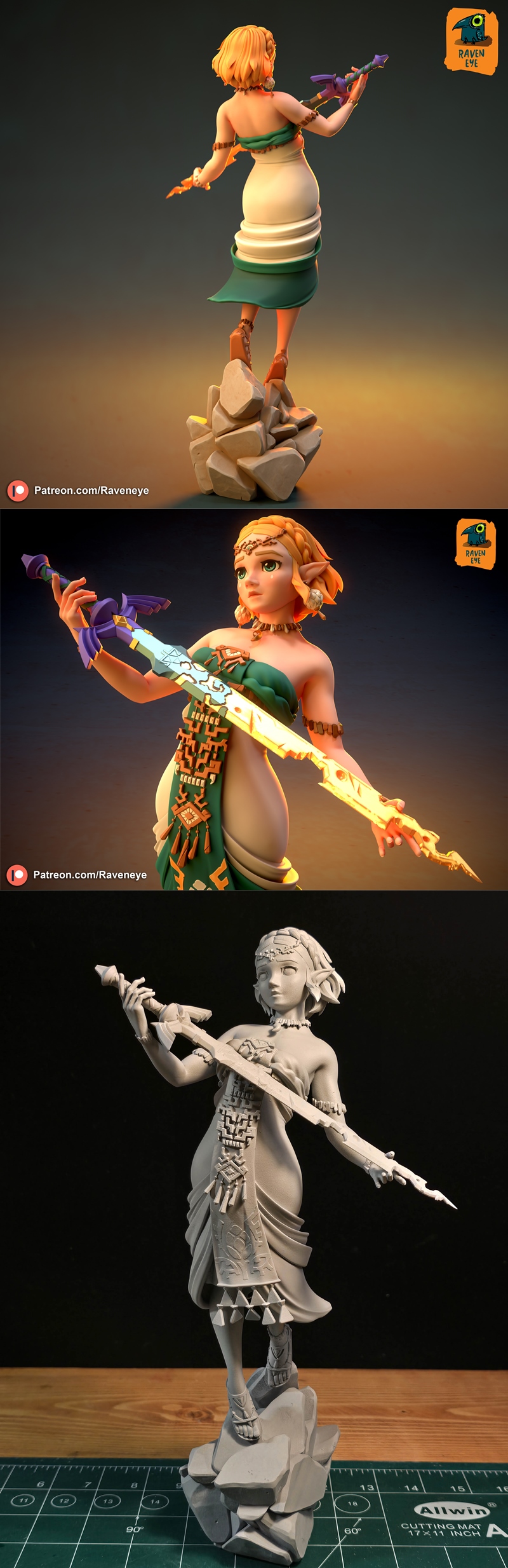3D printable figure of Princess Zelda holding the Master Sword, standing on a rock base. She wears a green and white...