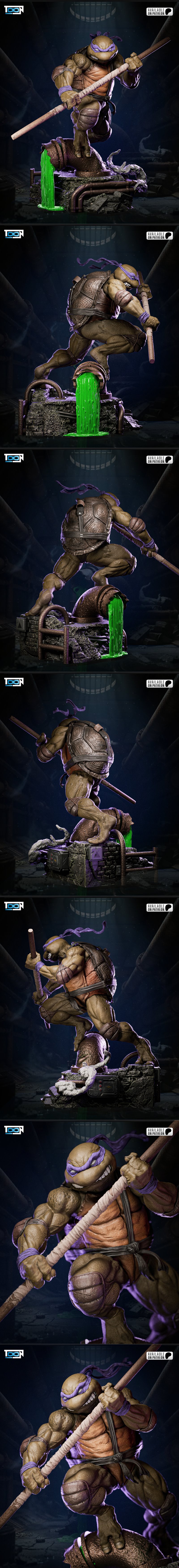 Donnie from Teenage Mutant Ninja Turtles, a muscular mutant turtle, wields a bo staff while standing on a sewer pipe...