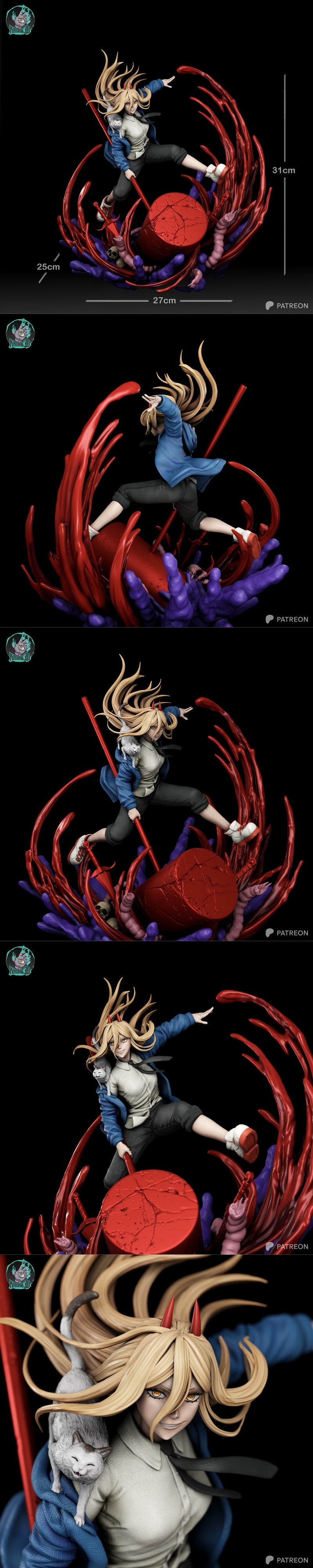 3D model of Power from Chainsaw Man, mid-action with a cat on her shoulder, surrounded by blood effects and holding a...