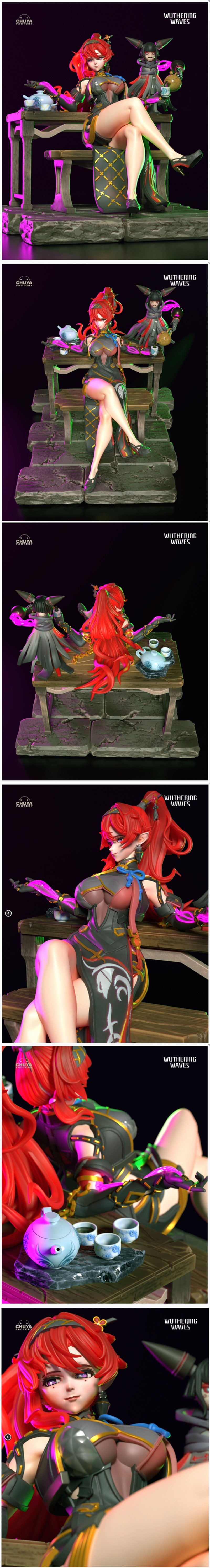 3D model figure of Yinlin from Wuthering Waves, seated on a bench, with a small companion figure behind her holding a...
