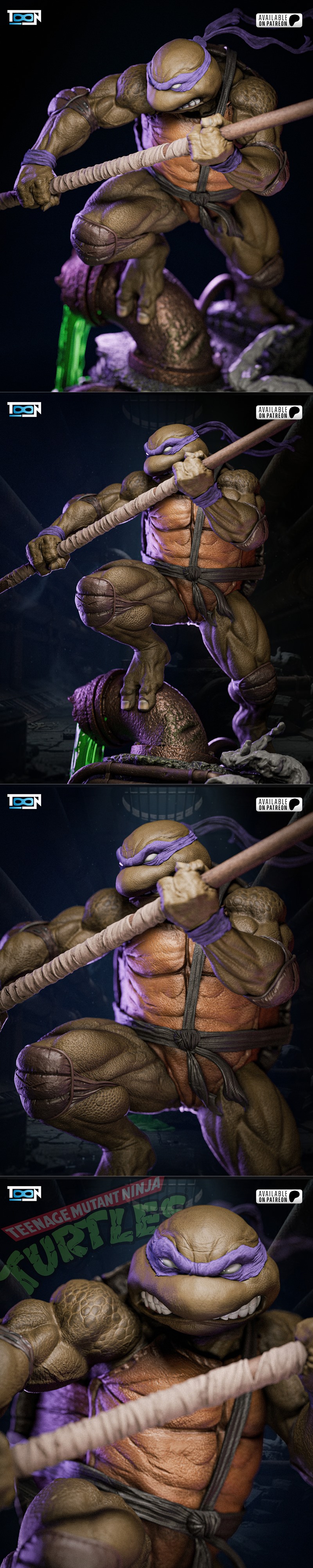 Donnie from Teenage Mutant Ninja Turtles, a muscular mutant turtle, wields a bo staff while standing on a sewer pipe...