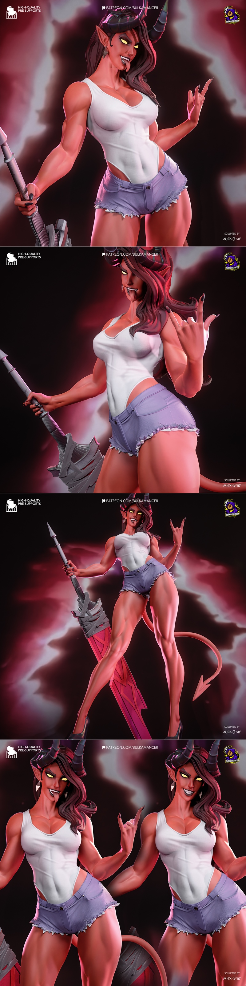 Muscular female demon Malevola with horns and tail, holding a large sword, wearing a tank top and shorts, standing on...